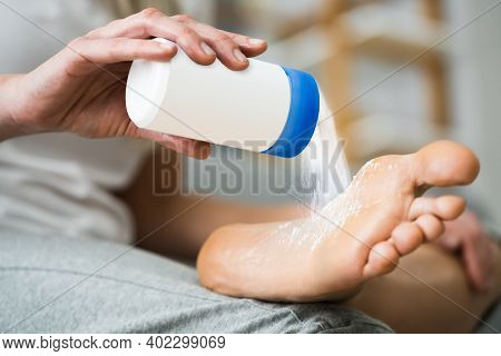 Antifungal Talcum Powder On Foot. Feet Fungus And Talc