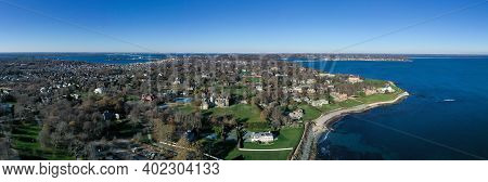 Newport, Rhode Island - Nov 29, 2020: Aerial View Of The Rocky Coast And Cliffwalk Of Newport, Rhode