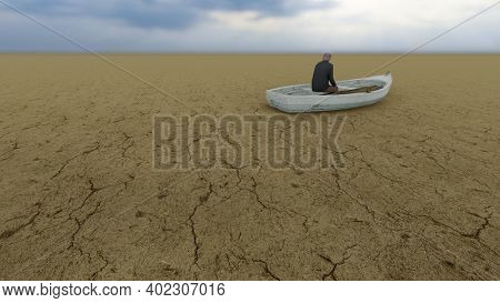 Concept or conceptual desert landscape with a man in a boat as a metaphor for global warming and climate change. A warning for the need to protect our environment and future 3d illustration
