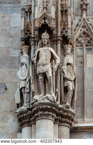 Vienna, Austria - August 02, 2019: Sculptures On The Wall Of St. Stephen's Cathedral (domkirche) In 