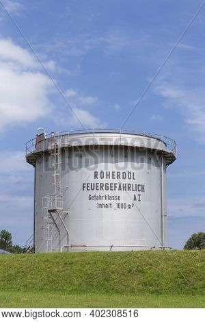 Usedom, Germany - August 5, 2015:  Silo With Flammable Oil (roherdoel Feuergefaehrlich) Danger Class