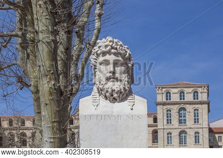 Marseille, France - March 29, 2015: Marble Statue Of Creek Explorer Euthymenes Of Massalia (marseill