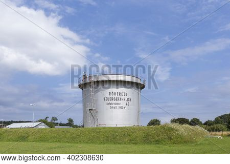 Usedom, Germany - August 5, 2015:  Silo With Flammable Oil (roherdoel Feuergefaehrlich) Danger Class