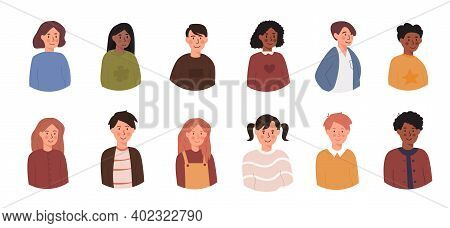 Set Of Children Avatars. Bundle Of Smiling Faces Of Teen Boys And Girls With Different Hairstyles, S