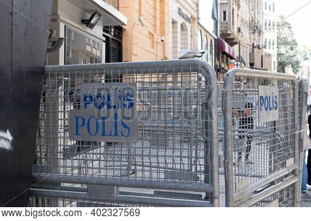 A Sign With The Inscription Police. Police Fence In Turkey