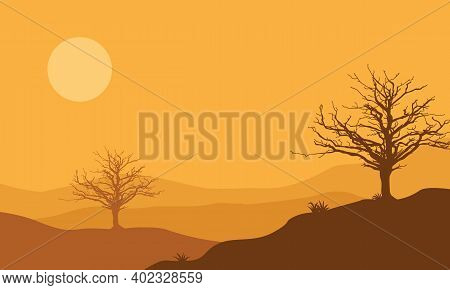 Nice Desert View As The Sun Sets Over A Large Expanse Of Land. Vector Illustration