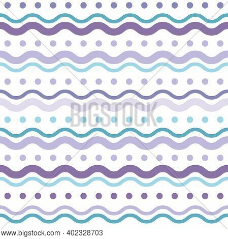 Wavy Purple And Blue Wavy Lines And Dots. Seamless Texture With White Rolling Ornament On White Back
