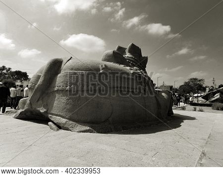 Closeup Of Beautiful Huge Or Big Lord Shiva Vehicle Nandi, Basava In A Blue Sky Background