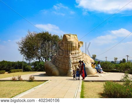 Closeup Of Beautiful Huge Or Big Lord Shiva Vehicle Nandi, Basava In A Blue Sky Background