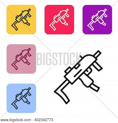 Black Line Mp9 Submachine Gun Icon Isolated On White Background. Automatic Weapon. Set Icons In Colo