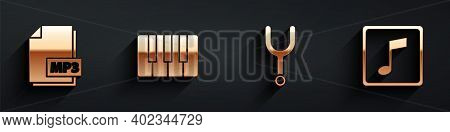 Set Mp3 File Document, Music Synthesizer, Musical Tuning Fork And Music Note, Tone Icon With Long Sh