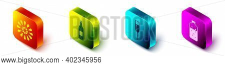 Set Isometric Firework, Beer Bottle, Glass Of Champagne And Mulled Wine Icon. Vector