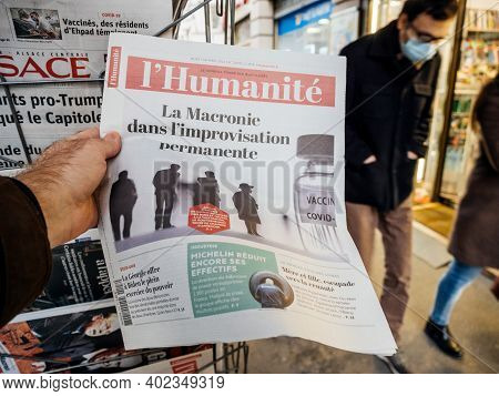 Paris, France - Jan 7, 2020: French Newspaper Lhumanite Front Page Show Headline About La Macronie A