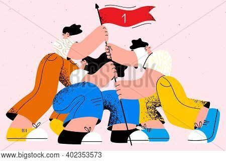 Teamwork, Success, Business Cooperation Concept. Young People Business Parters Putting Flag As Symbo