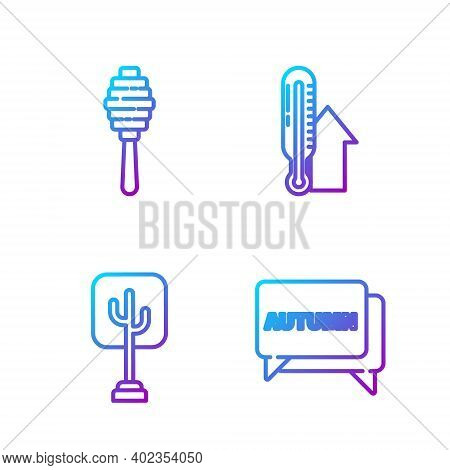 Set Line Speech Bubble With Text Autumn, Tree, Honey Dipper Stick And Meteorology Thermometer. Gradi