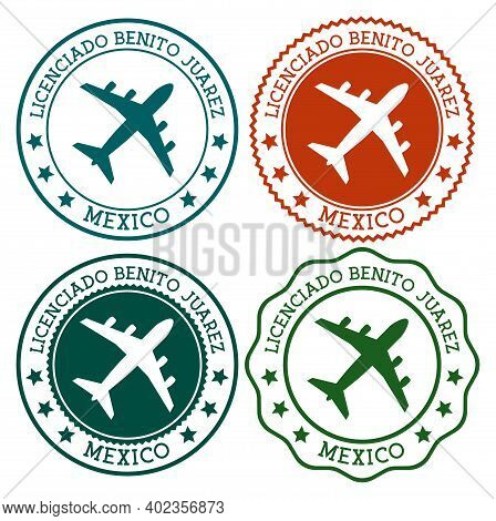 Licenciado Benito Juarez Mexico. Mexico City Airport Logo. Flat Stamps In Material Color Palette. Ve