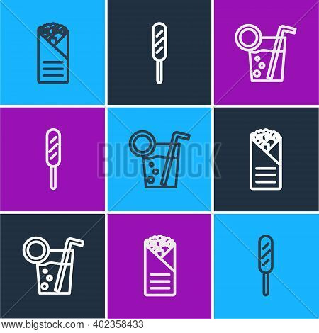 Set Line Doner Kebab, Cocktail And Corn Dog Icon. Vector