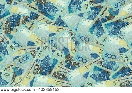 500 Kazakhstani Tenge Bills Lies In Big Pile. Rich Life Conceptual Background. Big Amount Of Money
