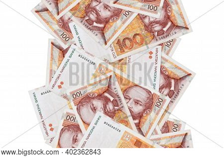 100 Croatian Kuna Bills Flying Down Isolated On White. Many Banknotes Falling With White Copy Space 
