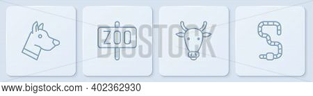 Set Line Dog Head, Cow, Zoo Park And Worm. White Square Button. Vector