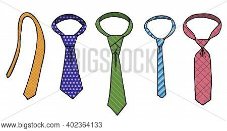 A Set Of Ties With Patterns Of Different Sizes And Shapes. Checked, Striped And With Circles. Hand D