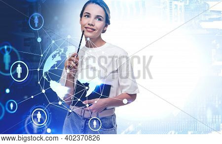 Portrait Of Pensive Young Businesswoman With Notebook Standing In Blurry City With Double Exposure O