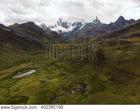 Aerial Panorama Of Cordillera Huayhuash Circuit Valley Andes Alpine Mountain Ancash Huanuco Peru Sou