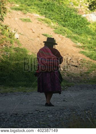 Elderly Indigenous Woman In Traditional Clothes Dress Costume On Cordillera Huayhuash Circuit Andes 