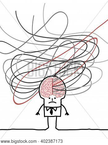 Hand Drawn Confused Carton Man With Big Brain And Tangled Gray Lines Around