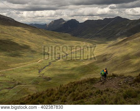 Panorama View Of Two Hikers On Cordillera Huayhuash Circuit Andes Alpine Mountain Ancash Huanuco Per