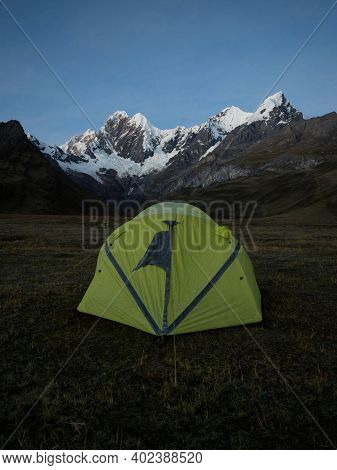 Isolated Tent With Donkeys Mule Idyllic Mountain Camping Panorama Cordillera Huayhuash Circuit Ancas
