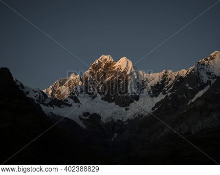 Snowcapped Ice Glacier Summit Peak Panorama On Cordillera Huayhuash Circuit Andes Alpine Mountain An