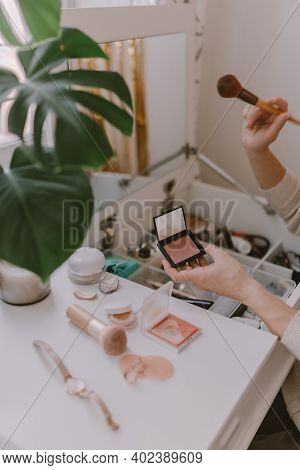 Everyday Beauty Routine. Make Up Artist. Dressing Vanity. Women's Hands. Pastel Colors. In Front Of 