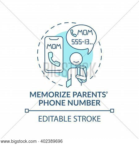 Memorize Parents Phone Number Turquoise Concept Icon. Teach Kid To Call Mom, Remember Information. C