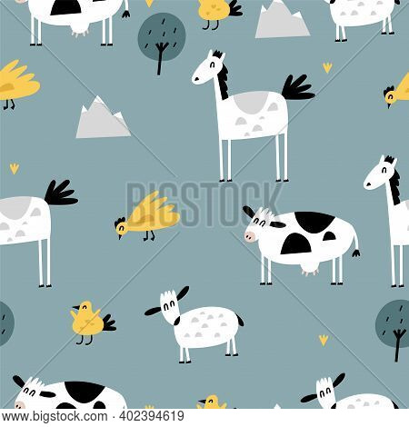 Vector Flat Illustartions Set Of Standing Animals - Horse, Cow, Chicken And Bird With Sheep. Funny C