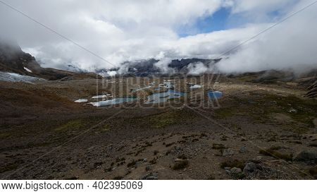 Panorama View Of Cordillera Huayhuash Circuit Andes Alpine Mountain Lake Laguna Reflection Ancash Pe