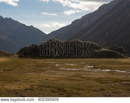 Panorama View Of Cordillera Huayhuash Circuit Natural Scenery Andes Alpine Mountain Ancash Huanuco P
