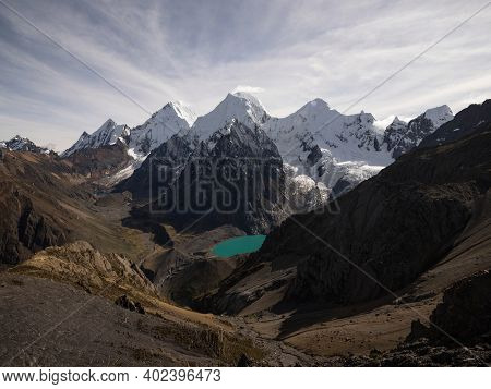 Panorama View Of Cordillera Huayhuash Circuit Andes Mountain San Antonio Pass Laguna Jurau Lake Huan
