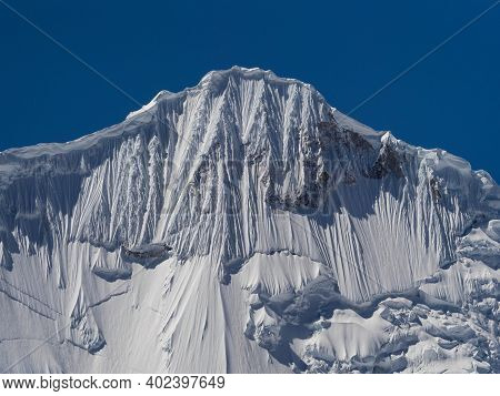 Snowcapped Ice Glacier Summit Peak Panorama On Cordillera Huayhuash Circuit Andes Alpine Mountain An