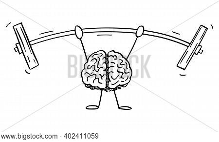 Vector Cartoon Stick Figure Illustration Of Strong Human Brain Character Lifts Or Training With Heav