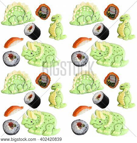 The Pattern Is Composed Of Dinosaurs, Dragons Made Of Rice,  Sushi,  Sake. Kyaraben, Bento. Creative
