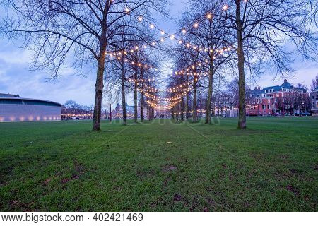Christmas decoration at the Museumplein in Amsterdam the Neetherlands at twilight