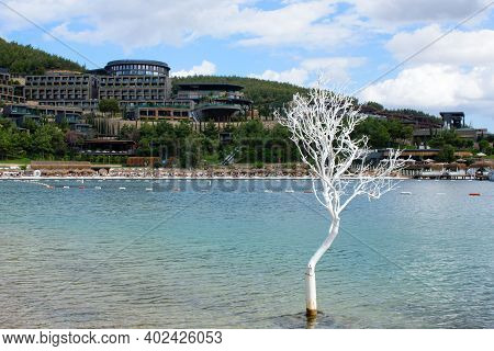 Turkey, Bodrum, October 2020. Beautiful Seascape. Sea, Mountains And Expensive Hotel Lujo Bodrum. Re