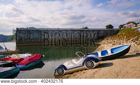 Solina, Poland - September 05, 2018: Paddle Boat (or Pedalo) In The Shape Of A Car. Entertainment Fo
