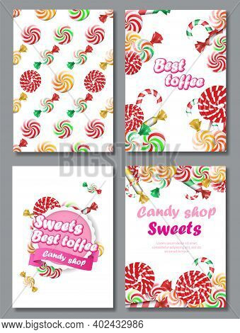 Decorative Frame With Realistic Candies, Colorful Lollipops Of Various Shape. Candy Shop Set
