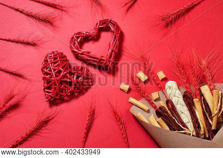Original Edible Gift For Man In The Form Of A Bouquet Consisting Of Sausages, Smoked Cheese, Spicy C