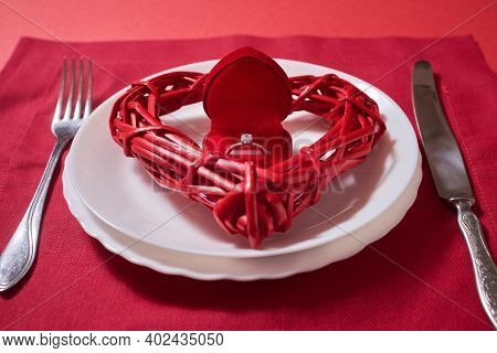 Marriage Proposal And Engagement Concept.table Setting For Valentine's Day, Wedding Cutlery, Romanti