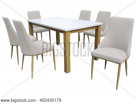 Dining Table And Chairs Isolated On White Background. Luxury And Modern Dining Table Sets In Differe