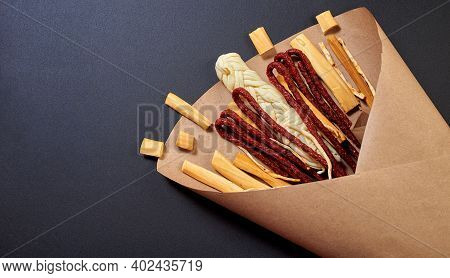 Original Edible Gift For Man In The Form Of A Bouquet Consisting Of Sausages, Smoked Cheese, Spicy C