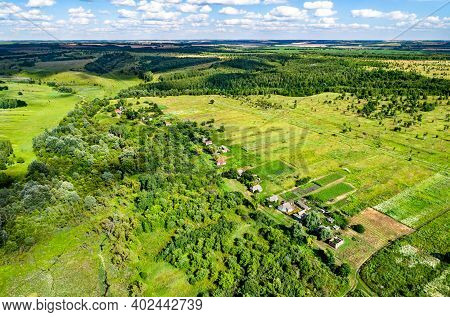 Typical Aerial Landscape Of The Central Russian Upland. Bolshoe Gorodkovo Village, Kursk Region.